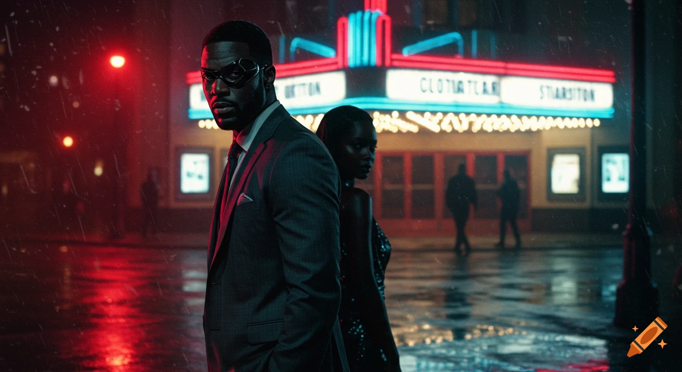A stylish Black man in a suit with a half-mask looks at the viewer, with a woman behind him, outside a neon-lit movie theater in a rainy urban night scene.
