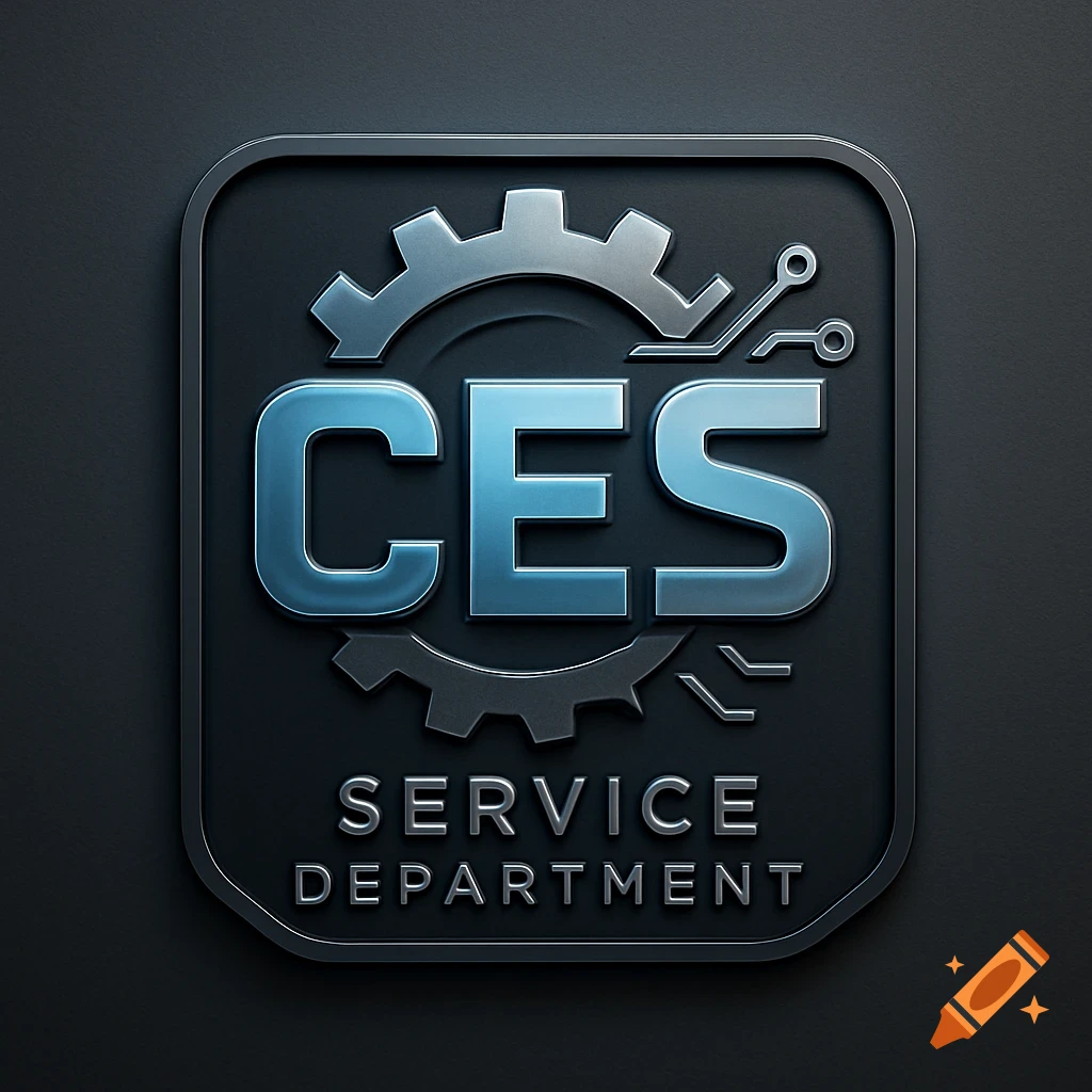 A metallic 3D logo for CES SERVICE DEPARTMENT with a gear and circuit design on a dark background.