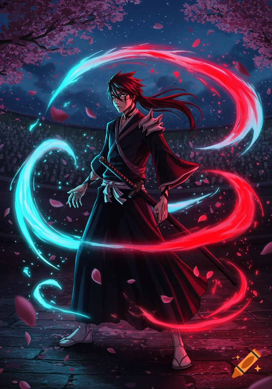 An anime character with black hair and a kimono stands in an arena with glowing red and blue energy, cherry blossoms falling.