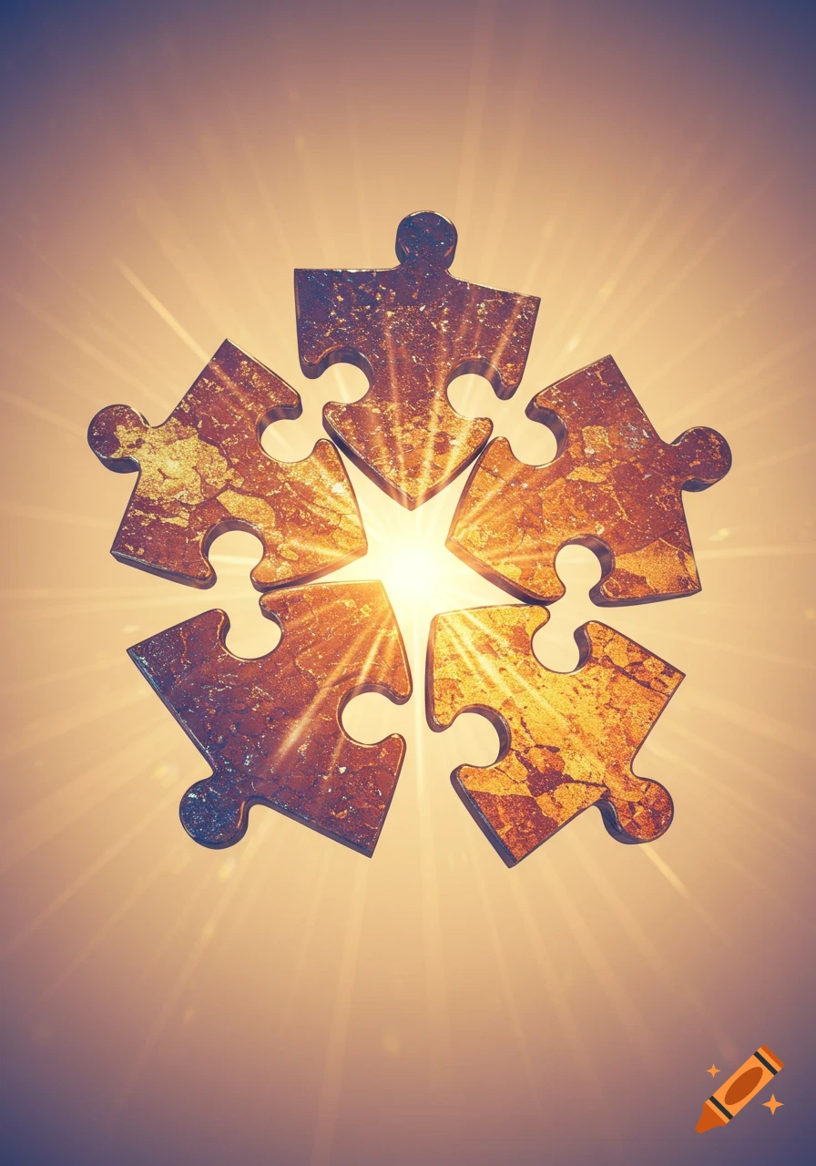 Five golden, textured puzzle pieces radiating outwards from a bright central light source.