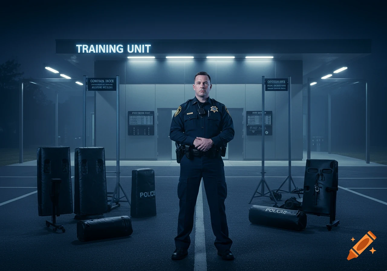 A photorealistic image of a police officer standing at attention in front of a building with "TRAINING UNIT" on the sign, with various police training equipment around him, under a dark, moody sky.