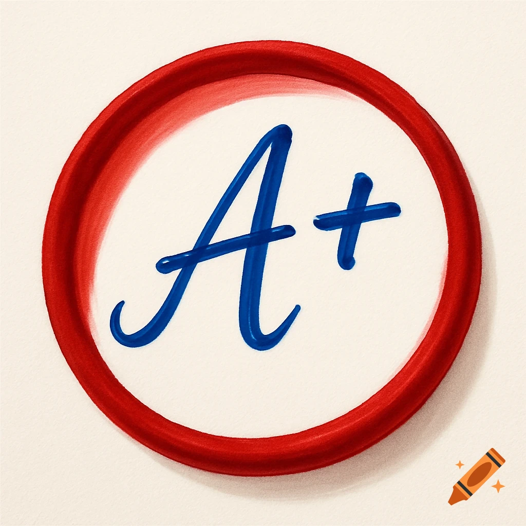 An A+ grade written in blue ink inside a red circle, on a light background.