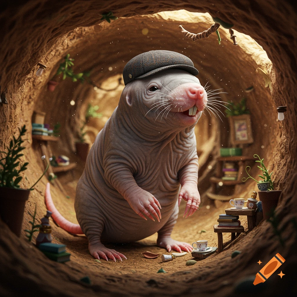 A mole rat wearing a flat cap stands in a cozy underground burrow with miniature furniture and plants, photorealistic.