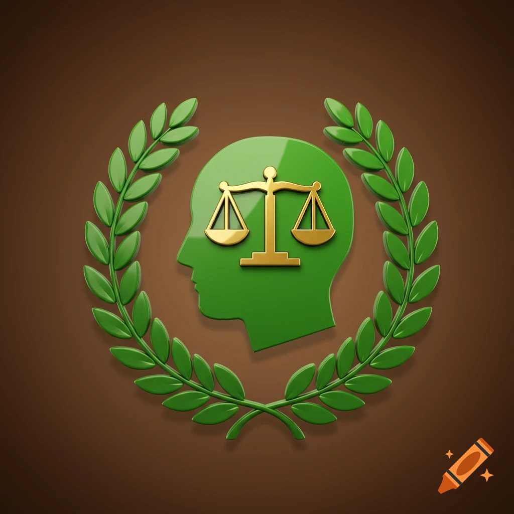 A green 3D icon of a human head silhouette with golden scales of justice inside, encircled by a green laurel wreath.