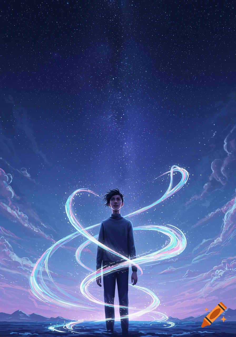 A person stands under a starry night sky, surrounded by swirling, colorful light trails, with distant mountains.