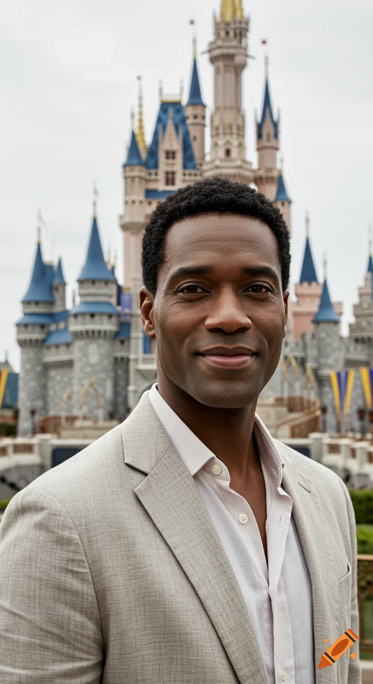 A smiling man in a linen blazer and open-collar shirt stands in front of a softly blurred Cinderella Castle.