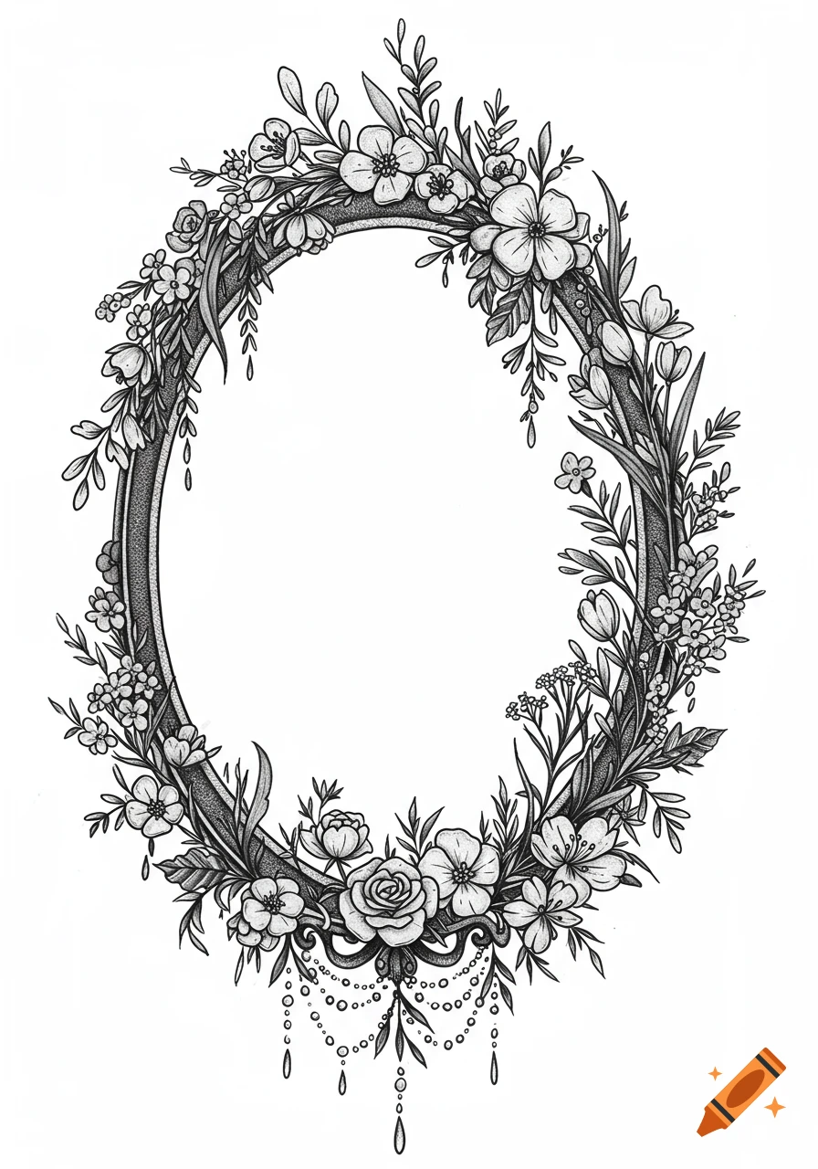 Black and white line art illustration of an oval frame adorned with various flowers and leaves.
