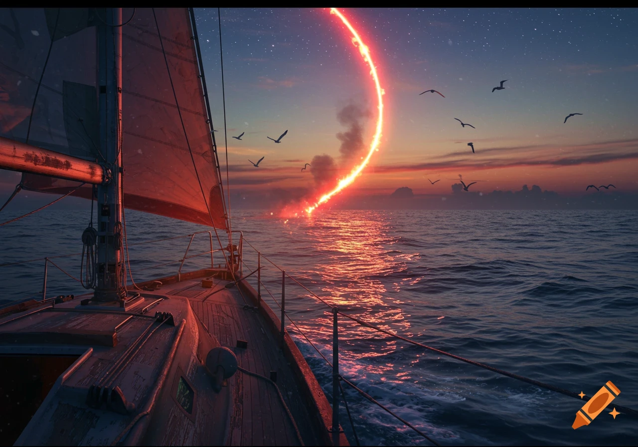 A photorealistic image of a sailboat on the ocean at dusk, with a large, bright red flare arcing into the starry sky.