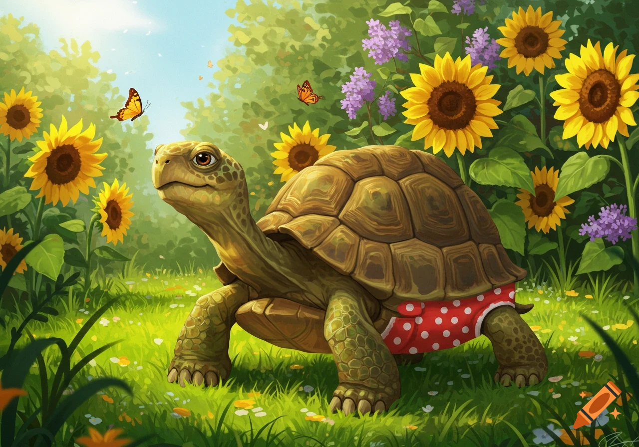 Cartoon turtle in red polka dot underwear stands in a sunny field surrounded by vibrant sunflowers and butterflies.