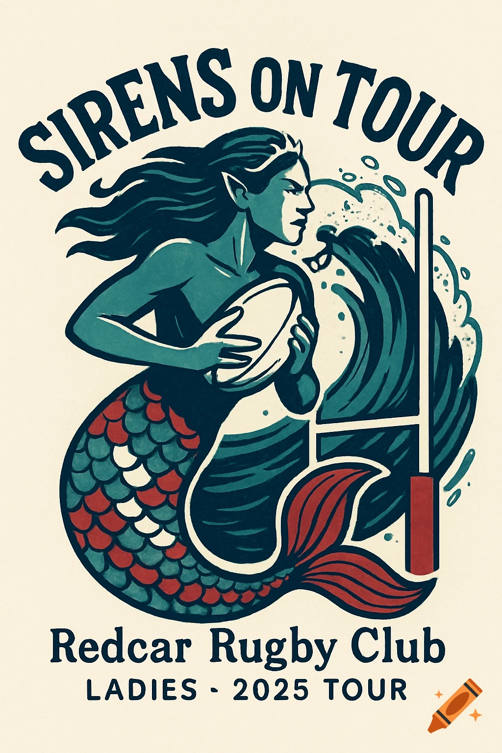 Stylized illustration of a mermaid holding a rugby ball, with 'Sirens On Tour Redcar Rugby Club Ladies 2025 Tour' text.