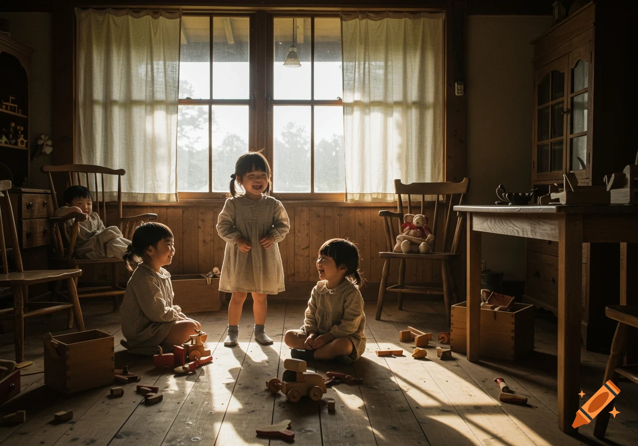 Three small Asian children play with wooden toys on a sunlit wooden floor in a rustic farmhouse.