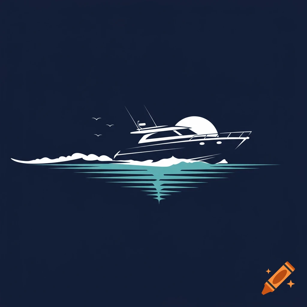 A white silhouette of a motor boat sailing on water with a reflective teal wake, against a dark blue background.