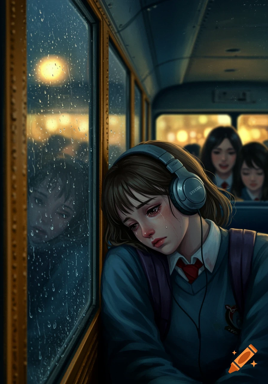 A crying teenage girl with headphones leans against a rainy bus window, looking out. Other students are blurred in the background.
