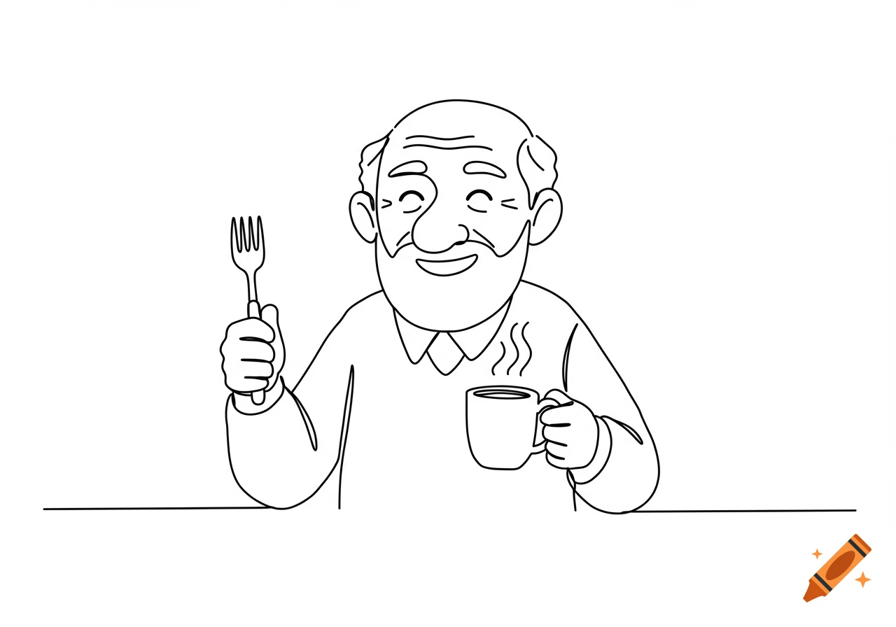 Simple black and white line art of an old man with a beard, smiling, holding a fork and a steaming coffee cup at a table.