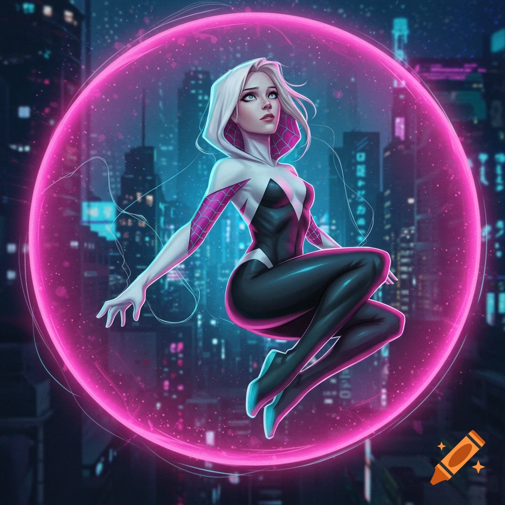 Spider-Gwen in her white and black suit floats within a glowing pink energy field against a futuristic night city backdrop in a comic art style.
