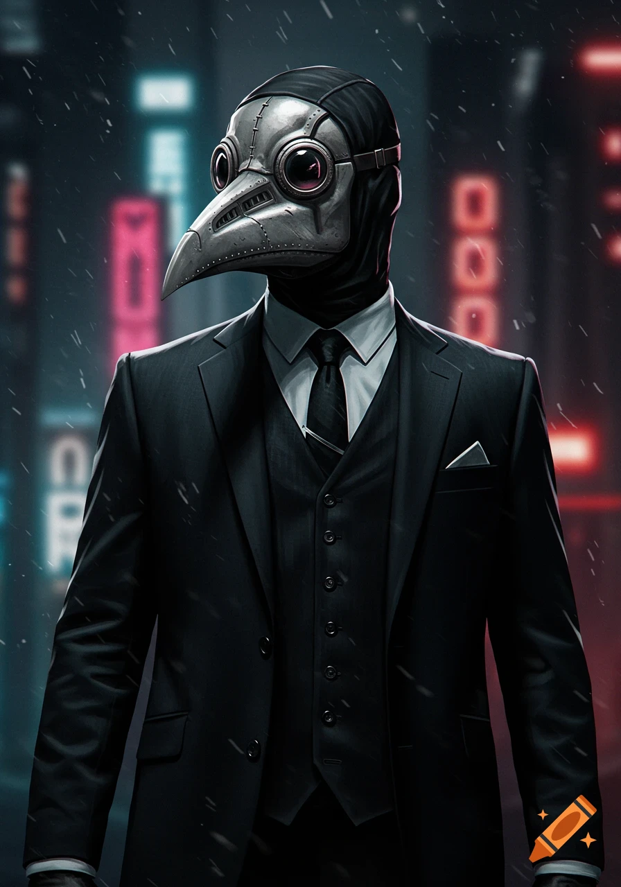 A man in a black suit and plague doctor mask stands in a rainy, neon-lit city street at night.