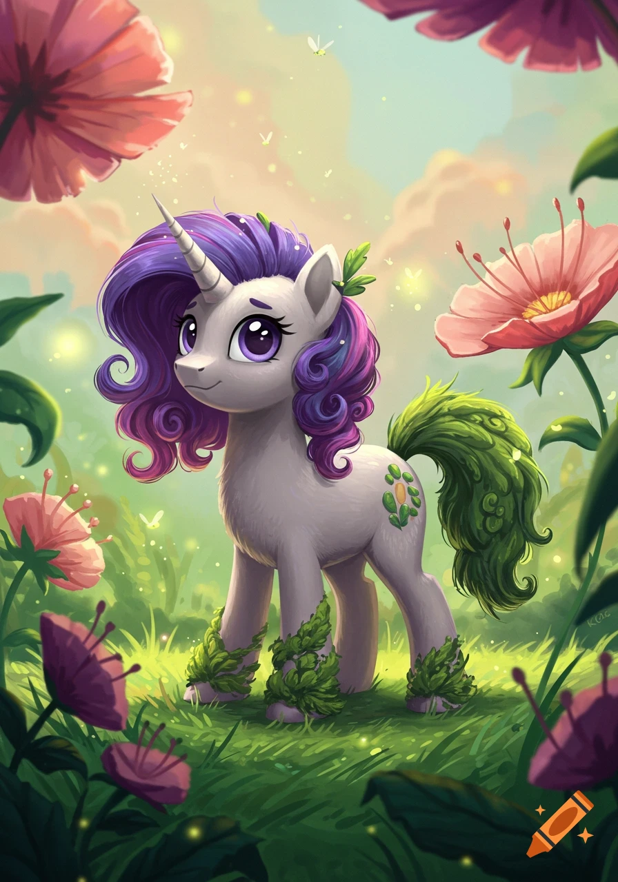 A cute My Little Pony-styled unicorn with purple mane and a mossy green tail stands among large pink and purple flowers in a sunny, whimsical meadow.