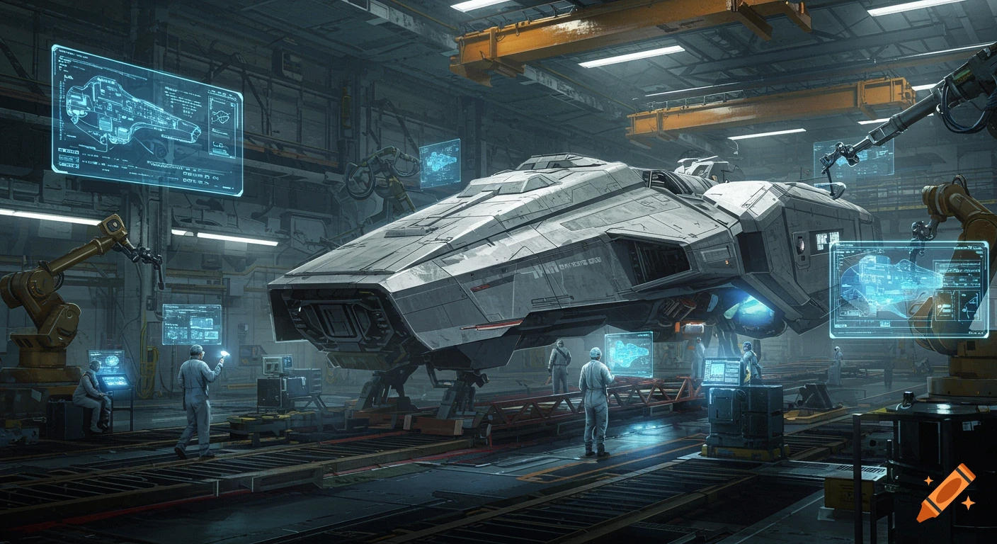 A large, futuristic spaceship sits in a dimly lit factory hangar, surrounded by workers, robotic arms, and glowing holographic schematics.