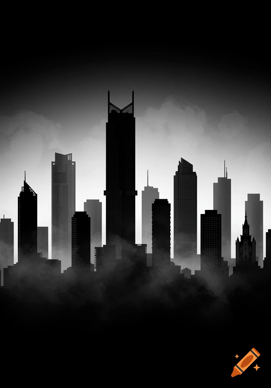 A black and white, noir-style silhouette of a city skyline with skyscrapers and a church emerging from mist.