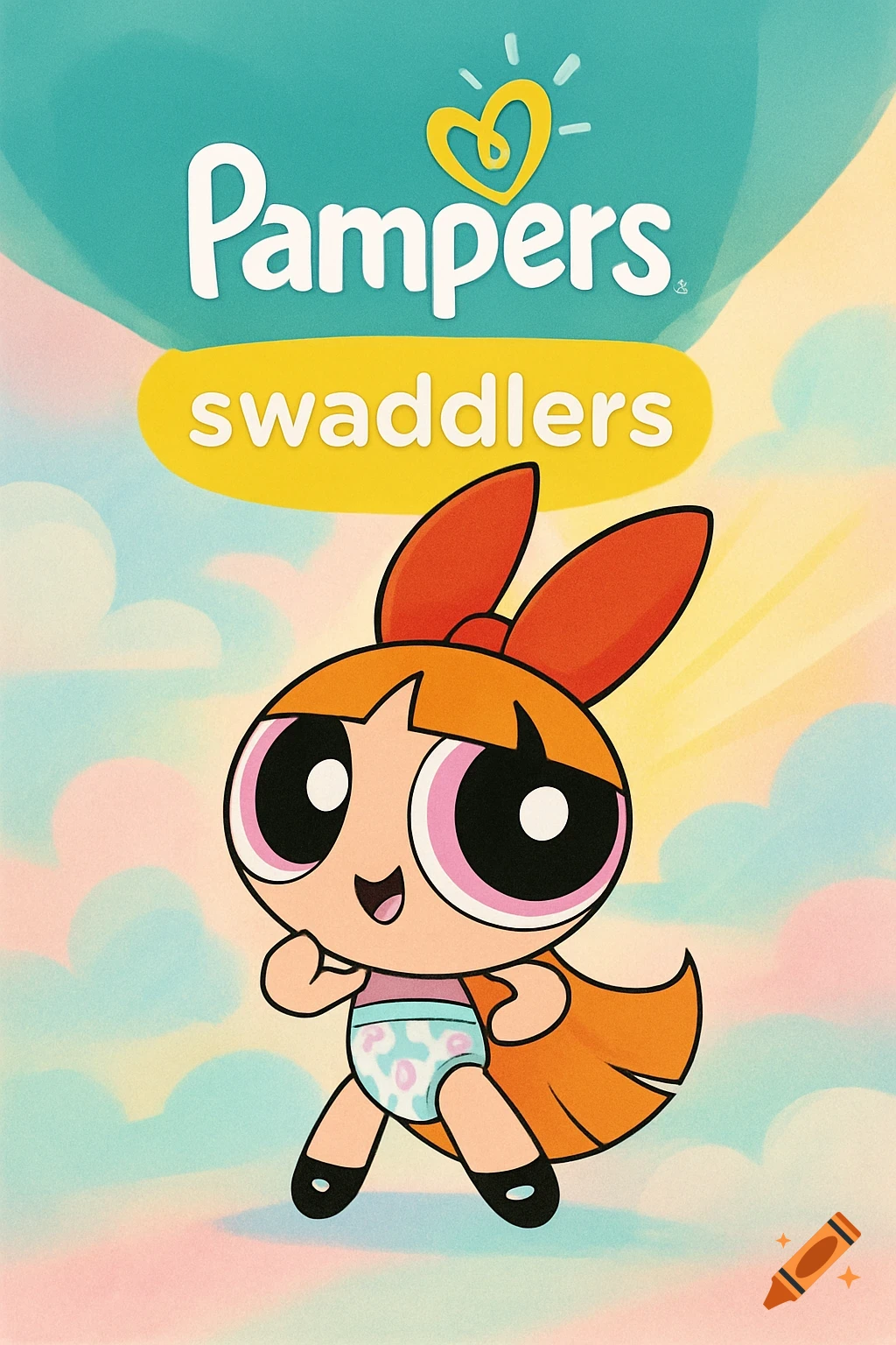 Blossom from Powerpuff Girls wearing a diaper on Pampers Swaddlers product packaging.