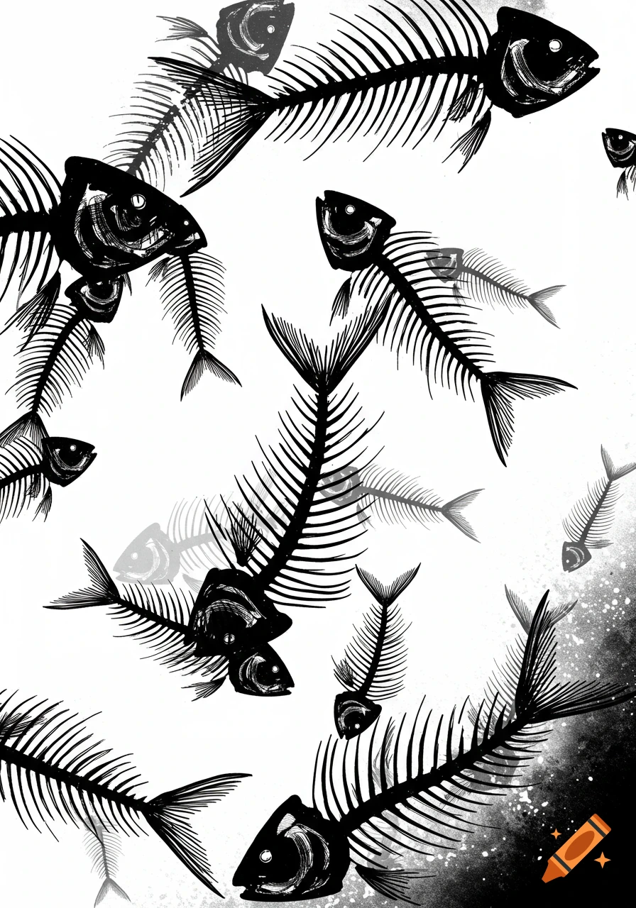 Black and white illustration of multiple fish skeletons swimming across a white background.