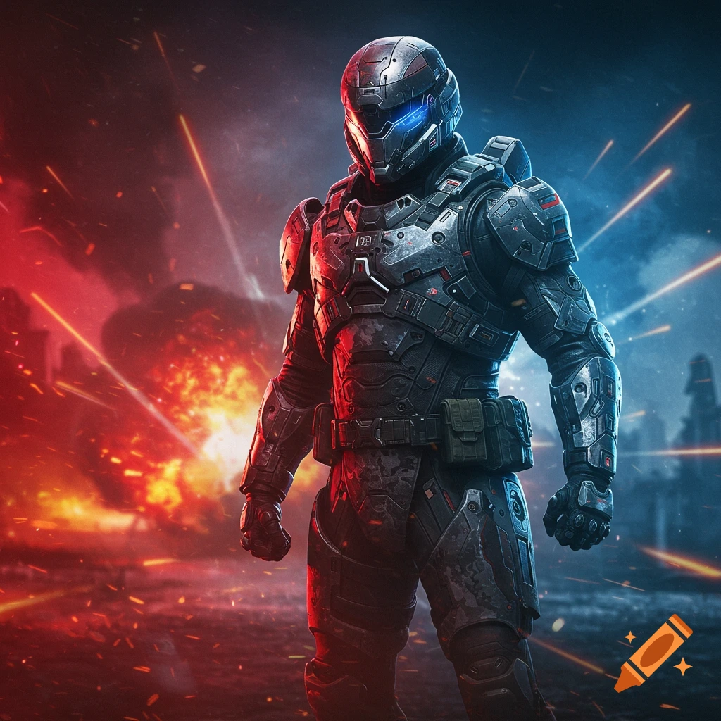 A futuristic armored soldier stands heroically amidst explosions and smoke on a battlefield, lit by red and blue light.