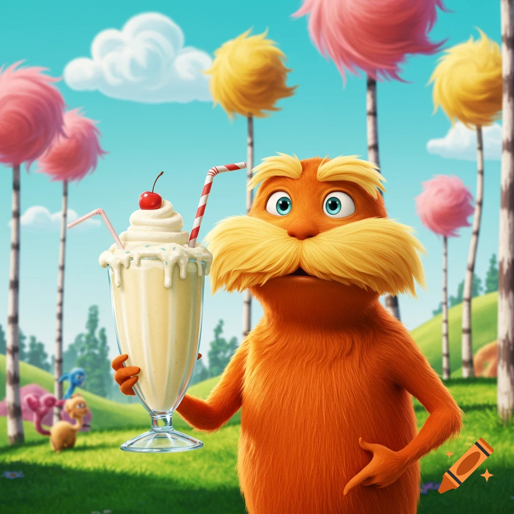 The Lorax holds a large vanilla milkshake with whipped cream and a cherry in a colorful, whimsical landscape with Truffula Trees.