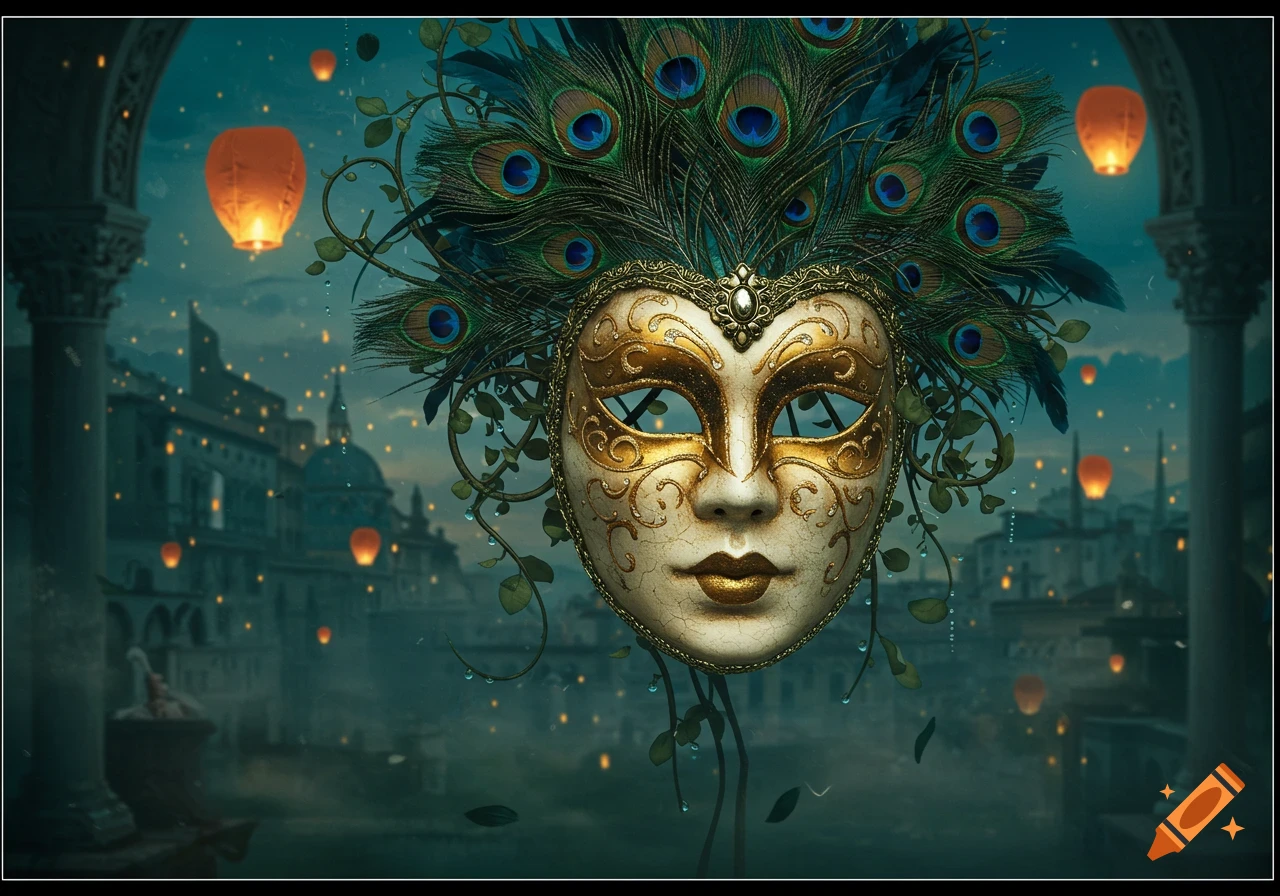 An ornate gold and white mask with peacock feathers and green vines floats before a teal night city with glowing orange lanterns.