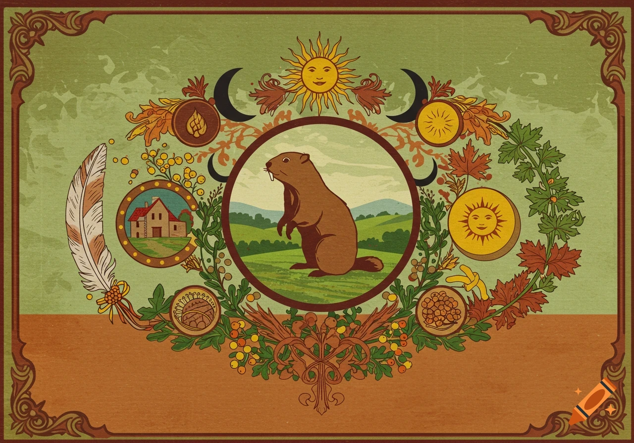 Vintage-style illustration of a brown groundhog in a central circular frame, surrounded by an ornate border with suns, moons, leaves, and other symbolic elements.