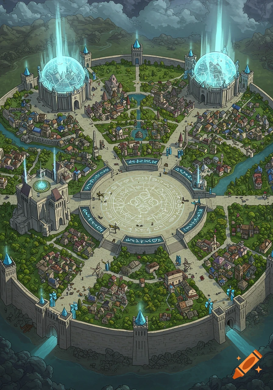 A detailed, circular fantasy city map with a glowing central plaza, crystal domes, and fortified walls, rendered in an illustrative style.