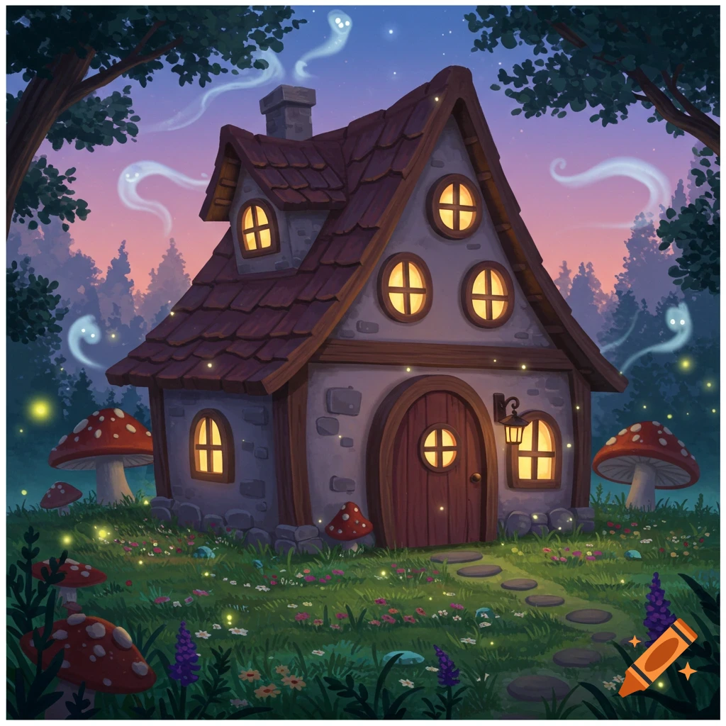 A whimsical cartoon illustration of a cozy fantasy house at dusk, surrounded by glowing mushrooms, fireflies, and wispy ghosts.
