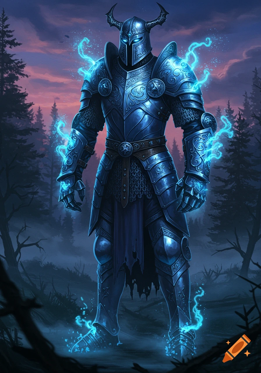A knight in glowing blue plate mail armor stands in a misty forest at dusk.