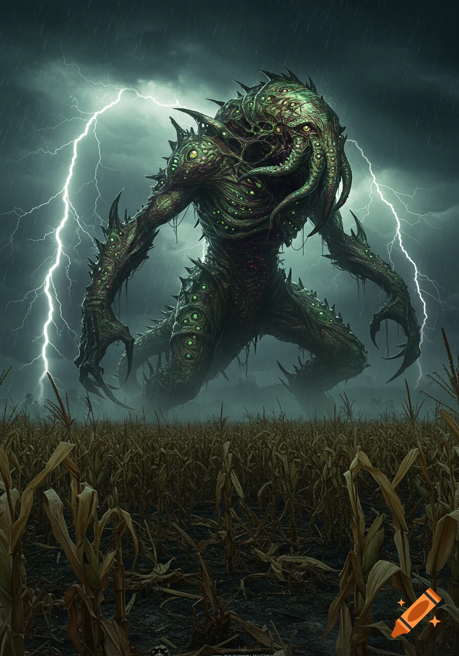 A huge, green, tentacled eldritch monster with many eyes stands in a dark cornfield under a lightning-filled, stormy sky.