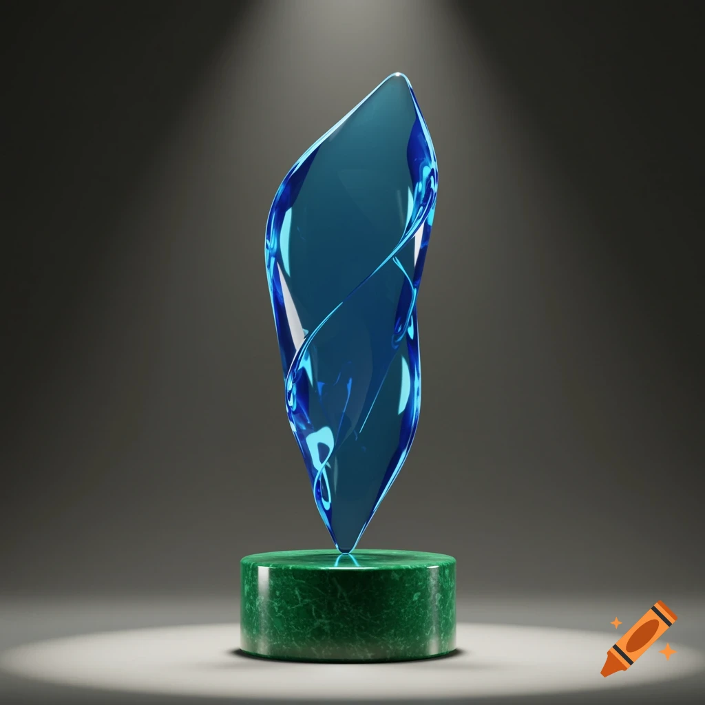 A blue, translucent abstract trophy on a green marble base, spotlit on a dark background.