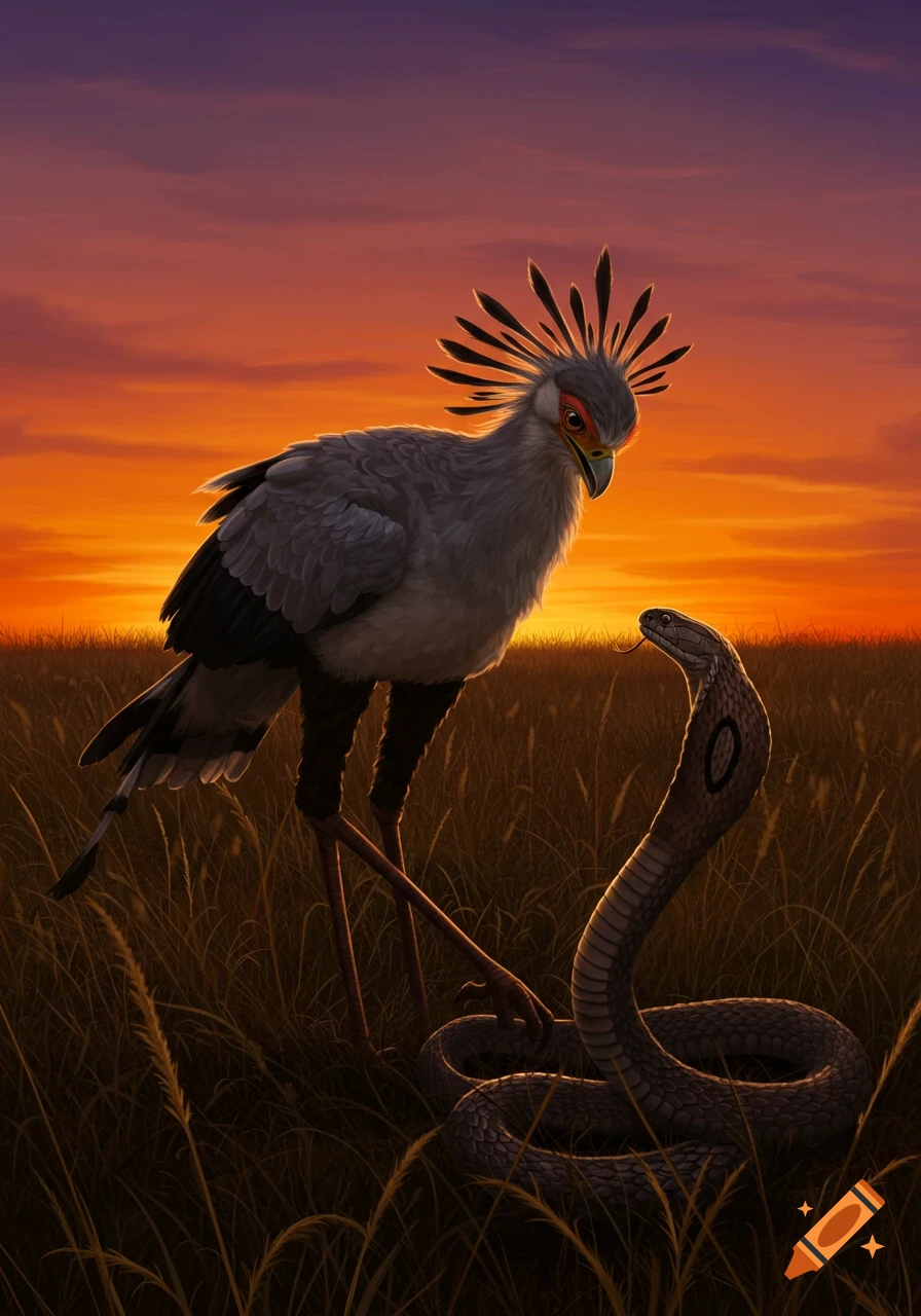 A tall Secretary Bird stands over a coiled cobra in a grassy savanna at sunset, digital illustration.