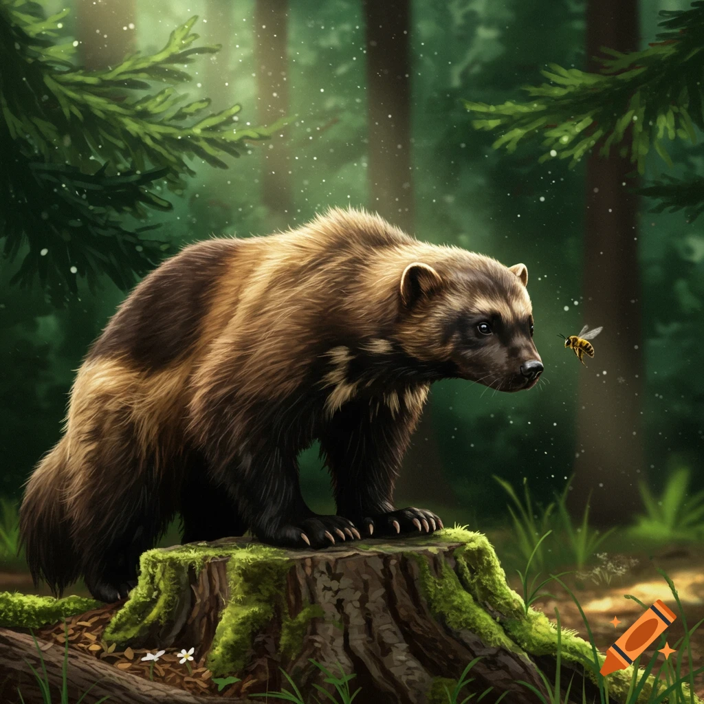 A wolverine stands on a mossy tree stump, looking at a bee in a lush green forest, in a digital painting style.