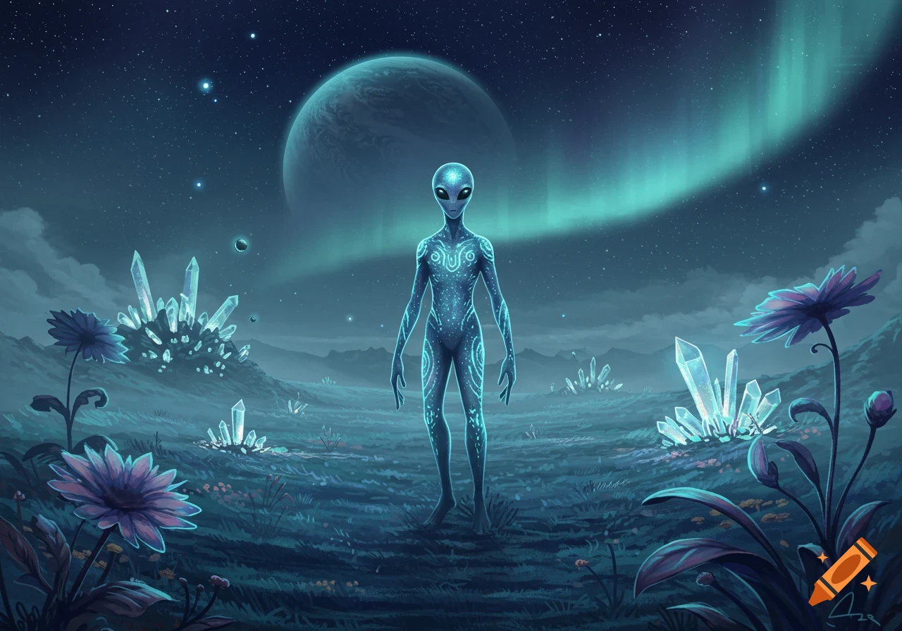 A blue alien with glowing patterns stands on a moonlit alien landscape with crystals, glowing flowers, a large planet, and aurora.