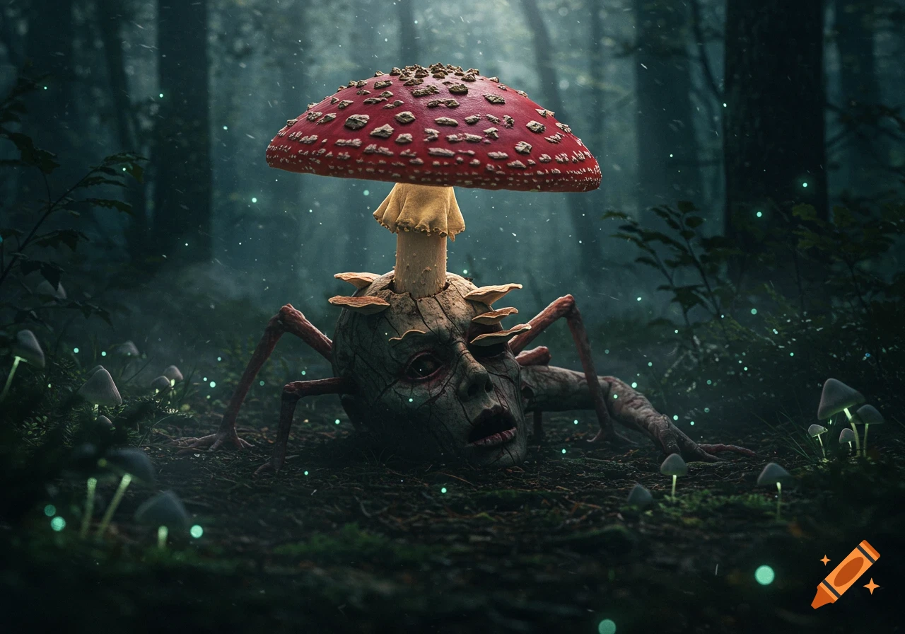 An eerie creature with a decayed human head, spider legs, and a red mushroom for a cap, crawling in a dark, glowing forest.