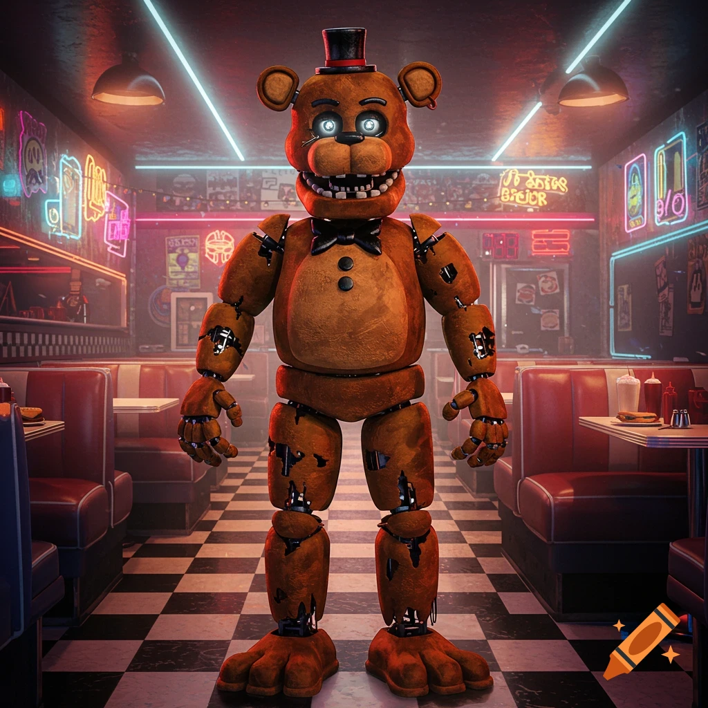A stylized animatronic bear resembling Freddy Fazbear stands in a retro diner with neon lights and checkered floors.
