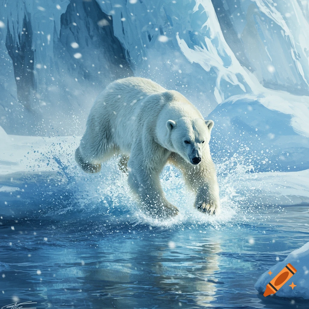 A white polar bear splashes through blue water amidst icy mountains and falling snow.