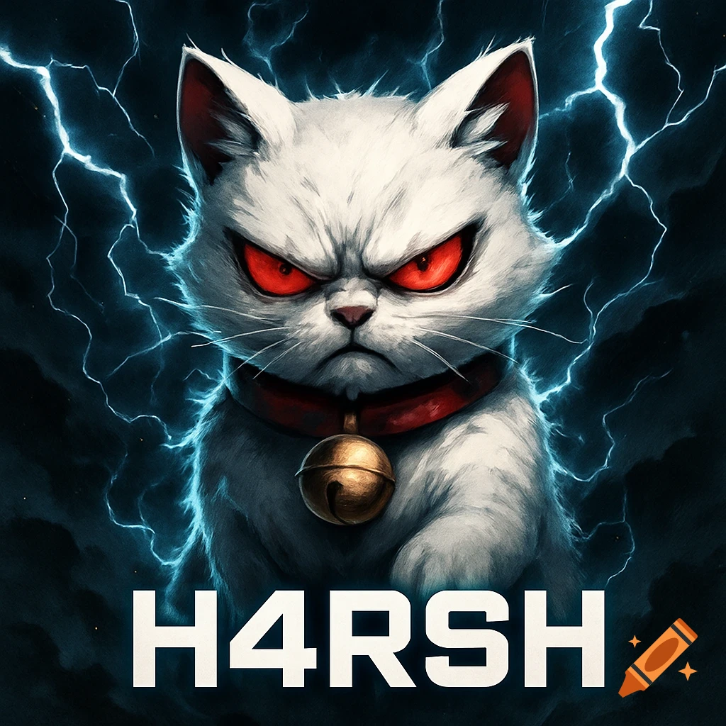 Anime-style white angry cat with red eyes and a bell collar, set against a stormy lightning background with the text "H4RSH" at the bottom.