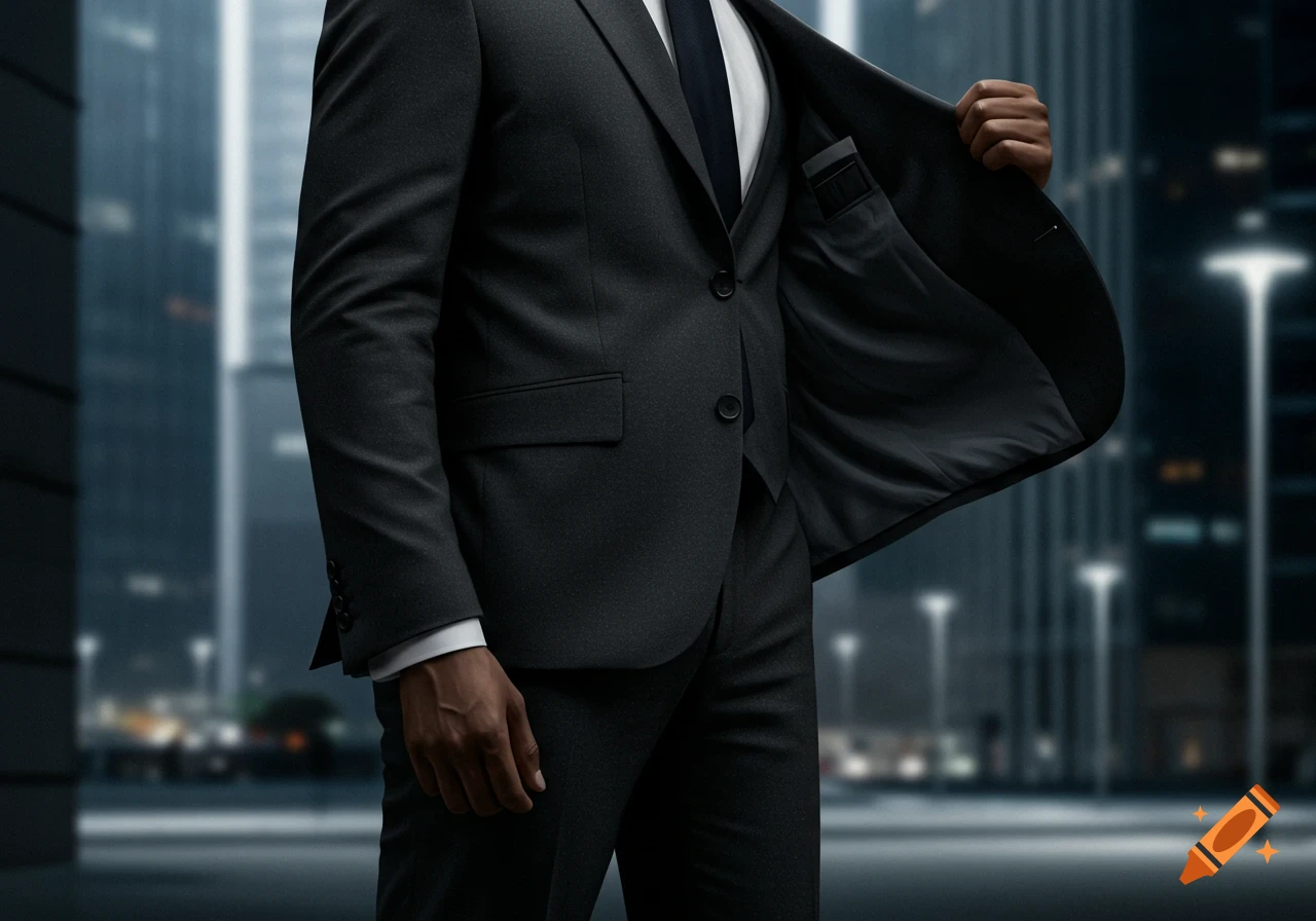 Close-up of a person in a dark suit opening their jacket in an urban night setting.