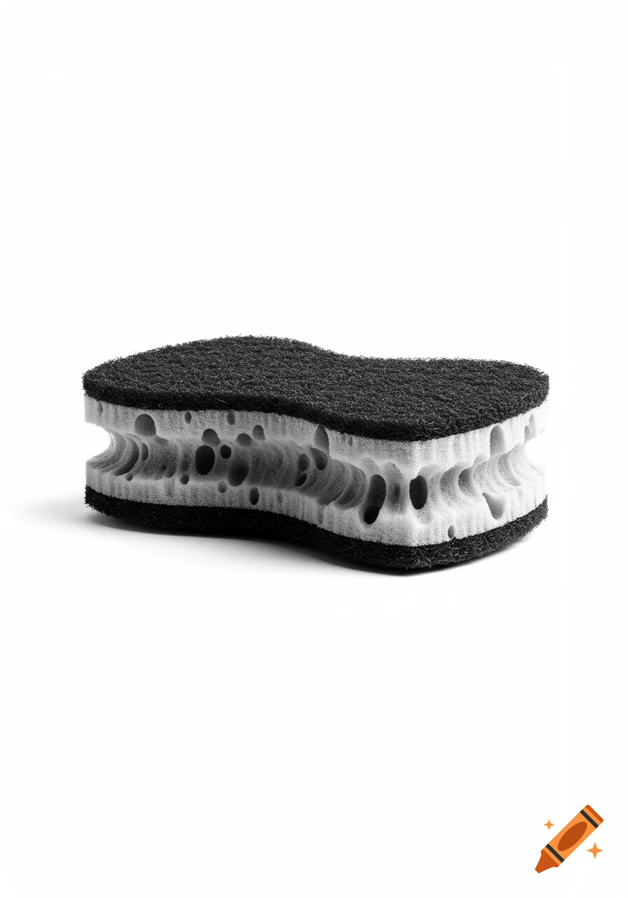 A black and white sponge with a textured top and bottom, and a porous, wavy white middle section, on a white background.