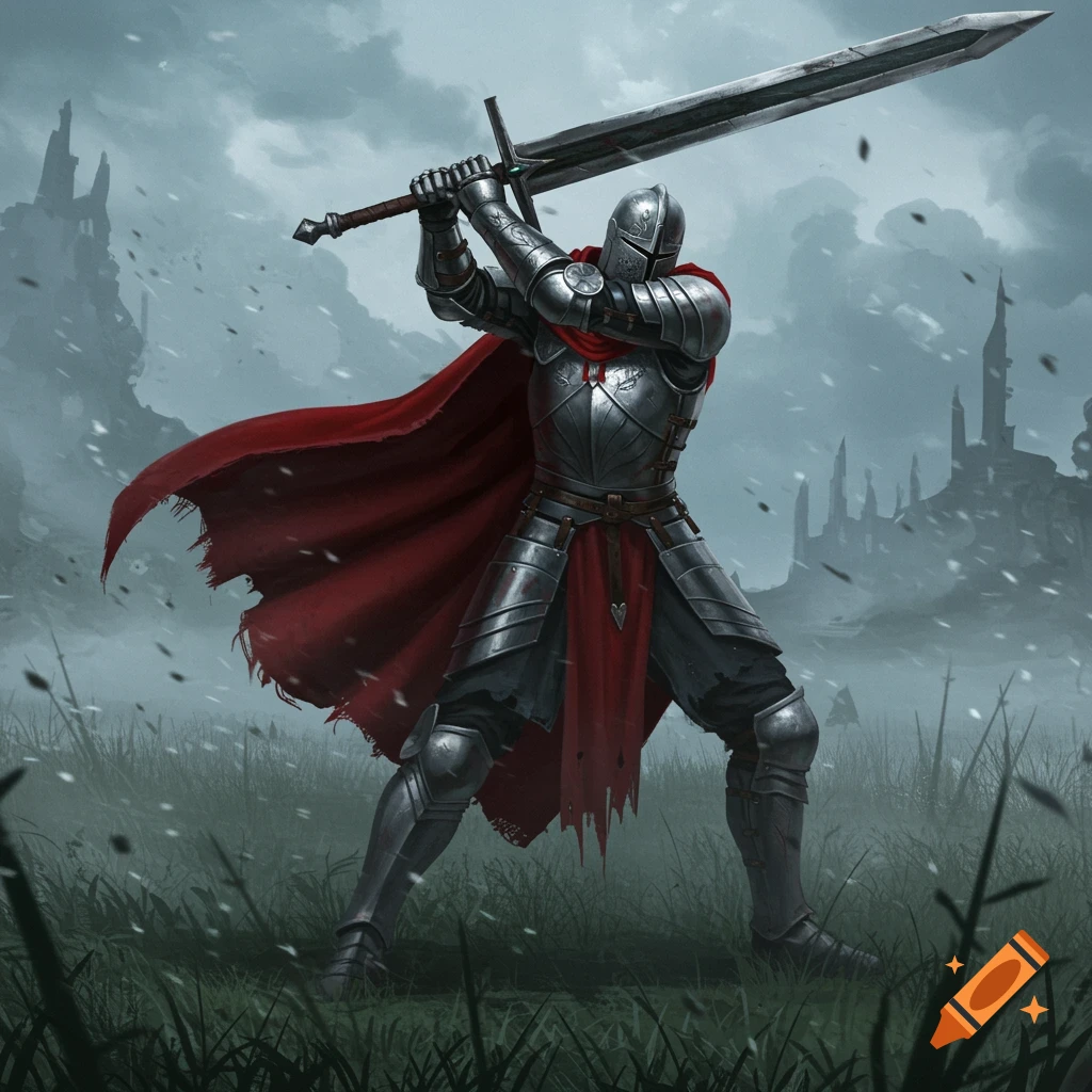 A knight in full plate armor and a red cape swings a large greatsword in a snowy field with castles in the distance.