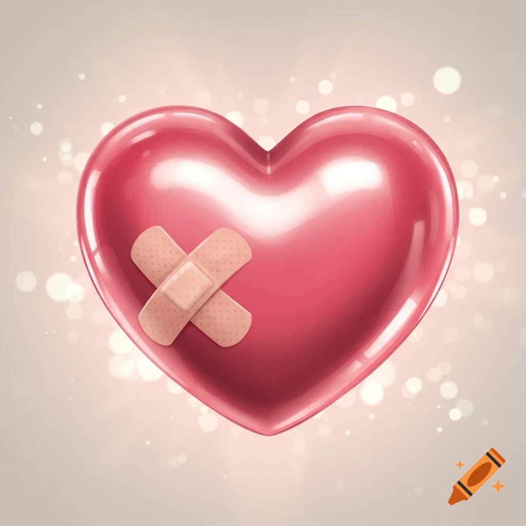 A glossy pink heart with two crossed band-aids on it, against a sparkling bokeh background.