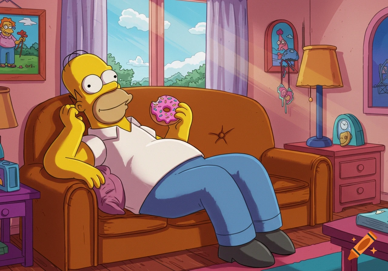 Homer Simpson, a yellow cartoon character, sits on a brown couch in a living room, eating a pink donut with sprinkles, in an animated style.