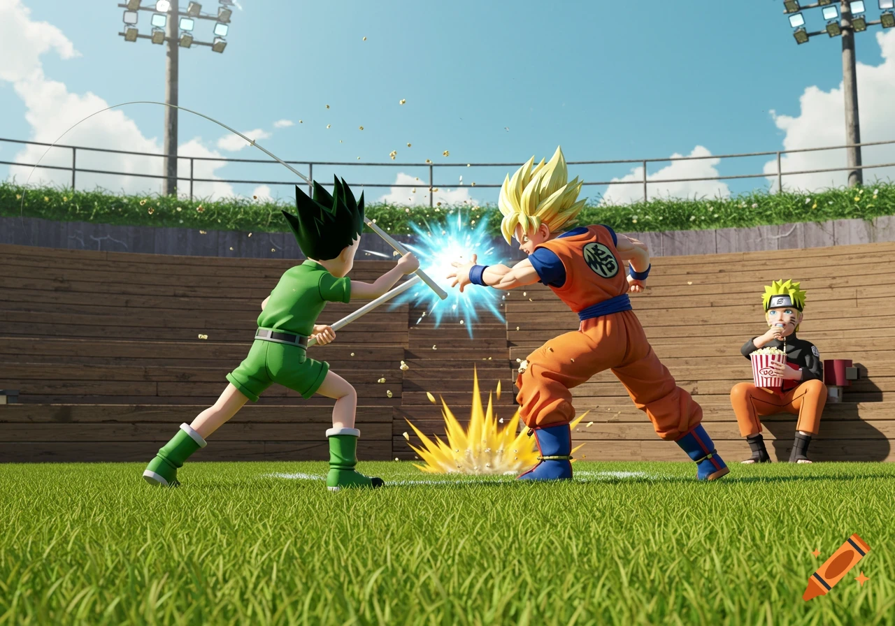 Gon and Goku fighting on a grassy stadium field while Naruto eats popcorn in the bleachers, stylized 3D render.