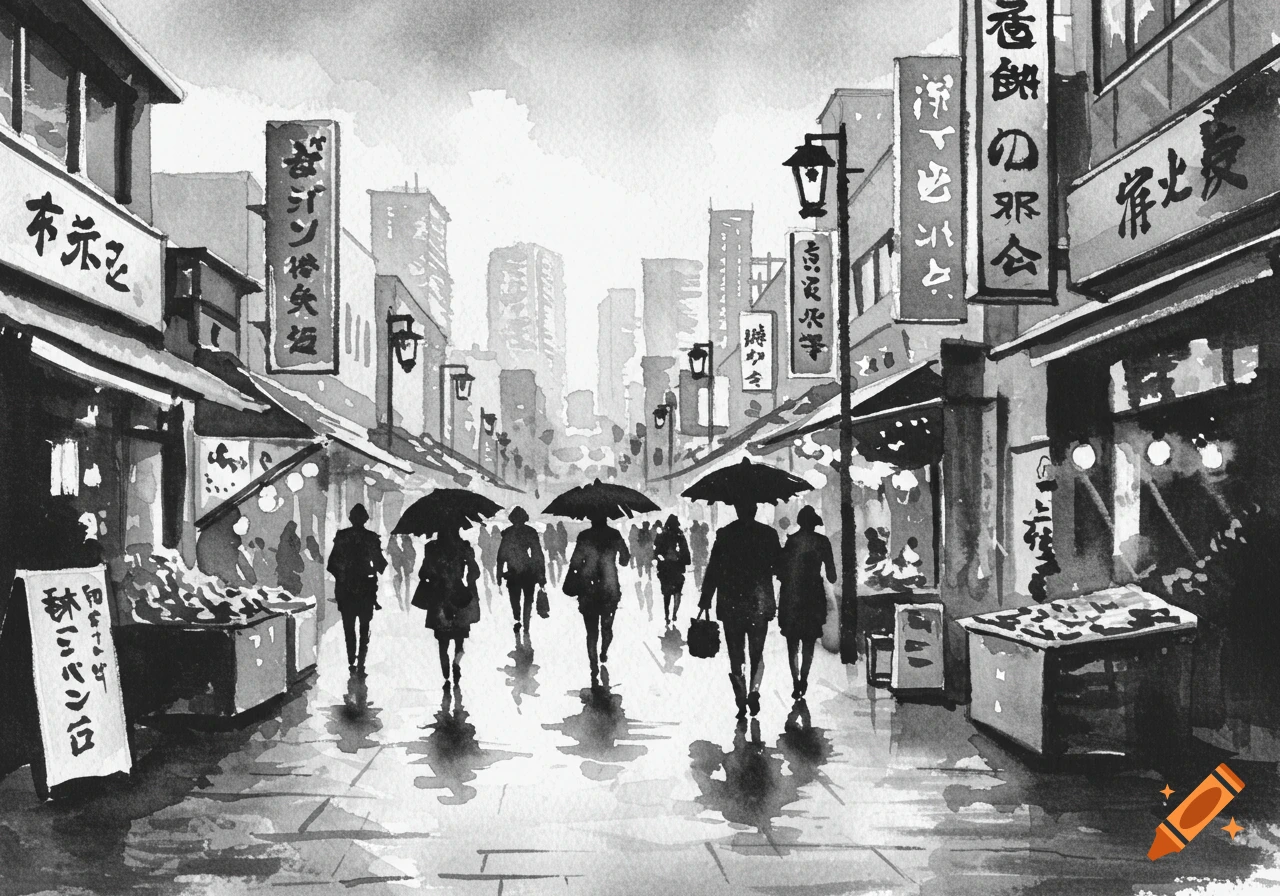 A black and white sumi ink wash painting of a rainy Tokyo street scene with people holding umbrellas, walking past shops with Japanese signs.
