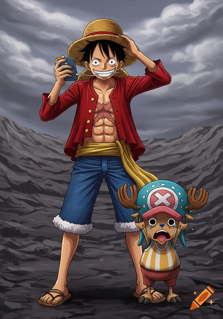 An anime image of Monkey D. Luffy holding a phone with a terrified Tony Tony Chopper crying beside him, set against a dark, stormy landscape.