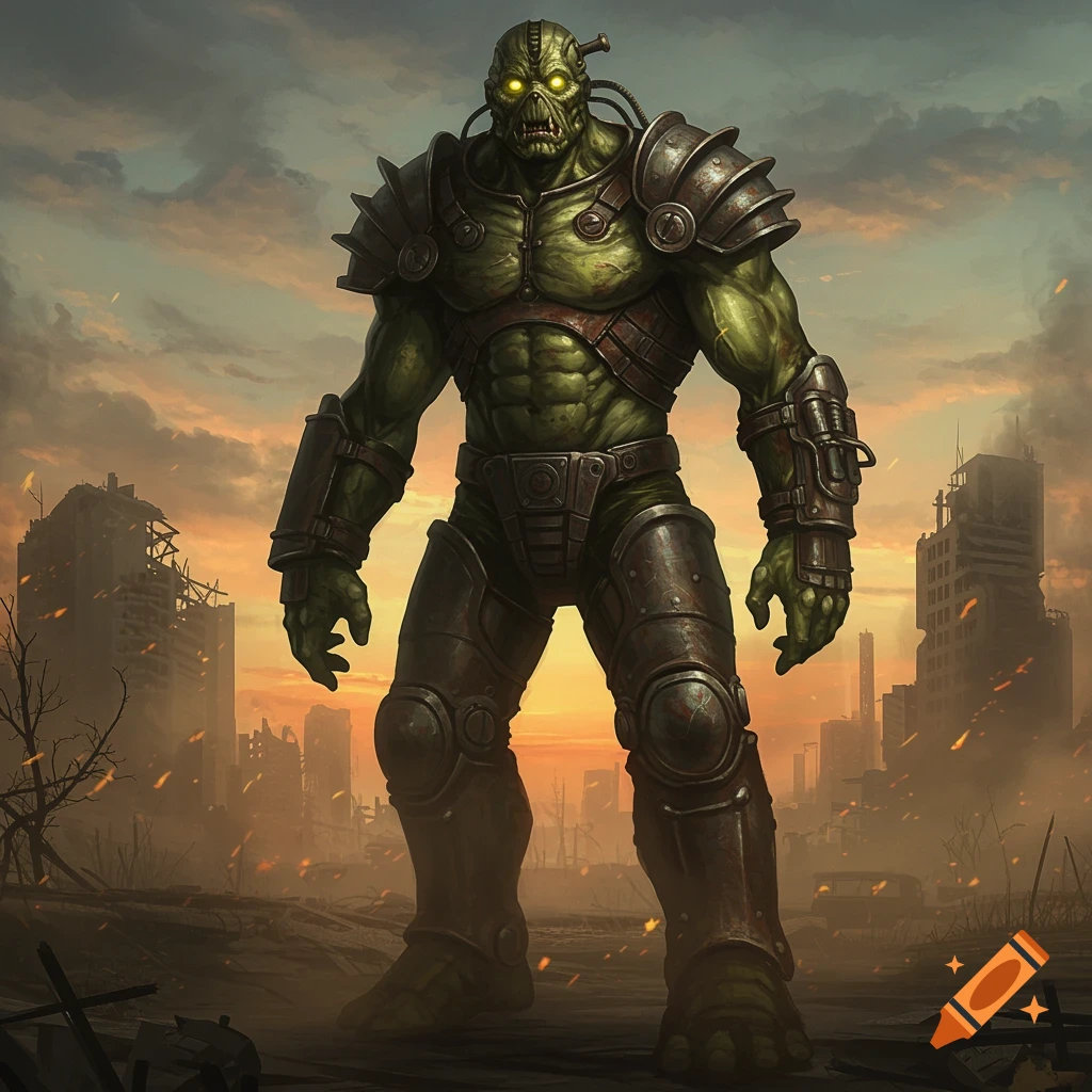 A hulking green super mutant wearing rusted metal armor, with glowing yellow eyes, stands amidst the ruins of a city under a cloudy, orange sky.